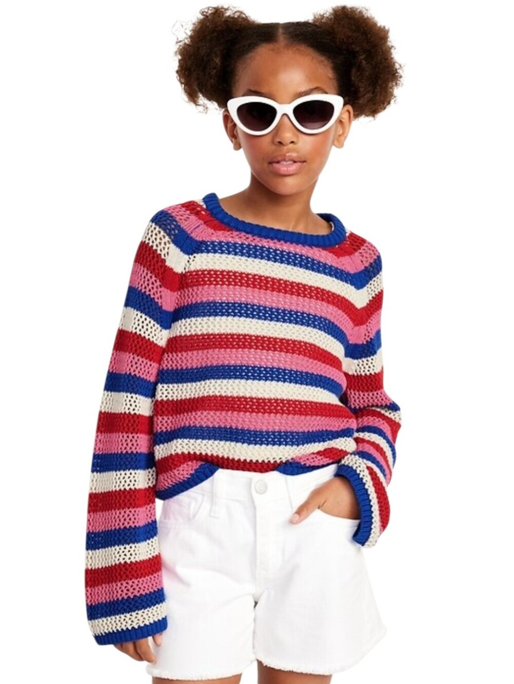 Old Navy Girl's Striped‎ Crochet Knit Sweater Americana NWOT Size 10/12 Large